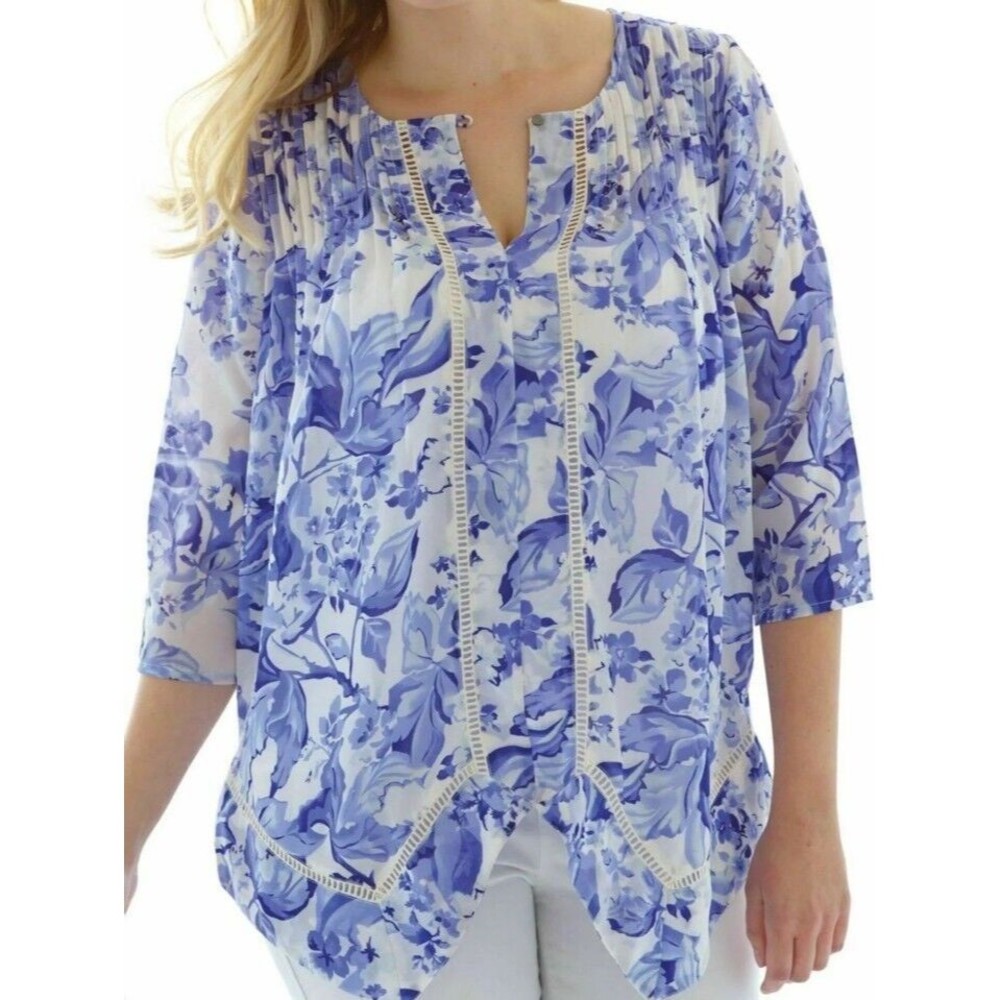 JESSICA LONDON size 22 PIN TUCK BLOUSE FRENCH DELFT BLUE PRINT PLUS